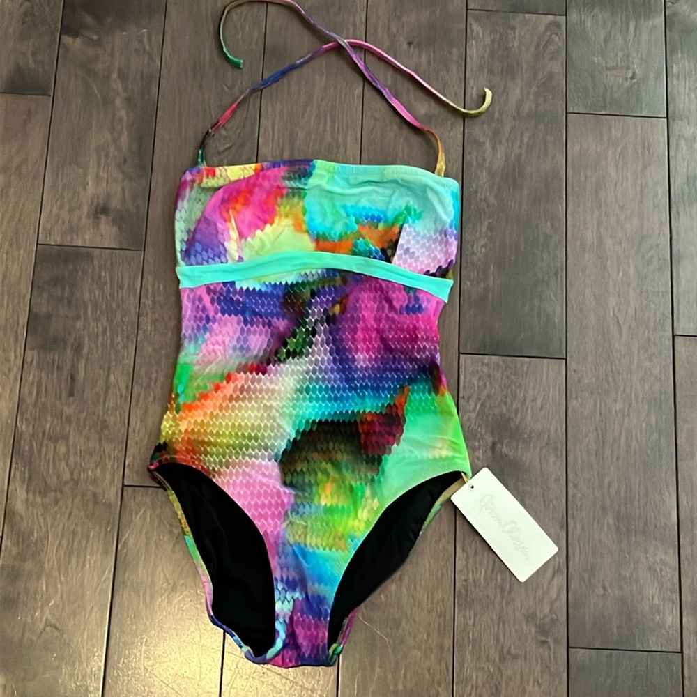 NEW GIDEON OBERSON rainbow abstract digital graphic swimsuit, size 6